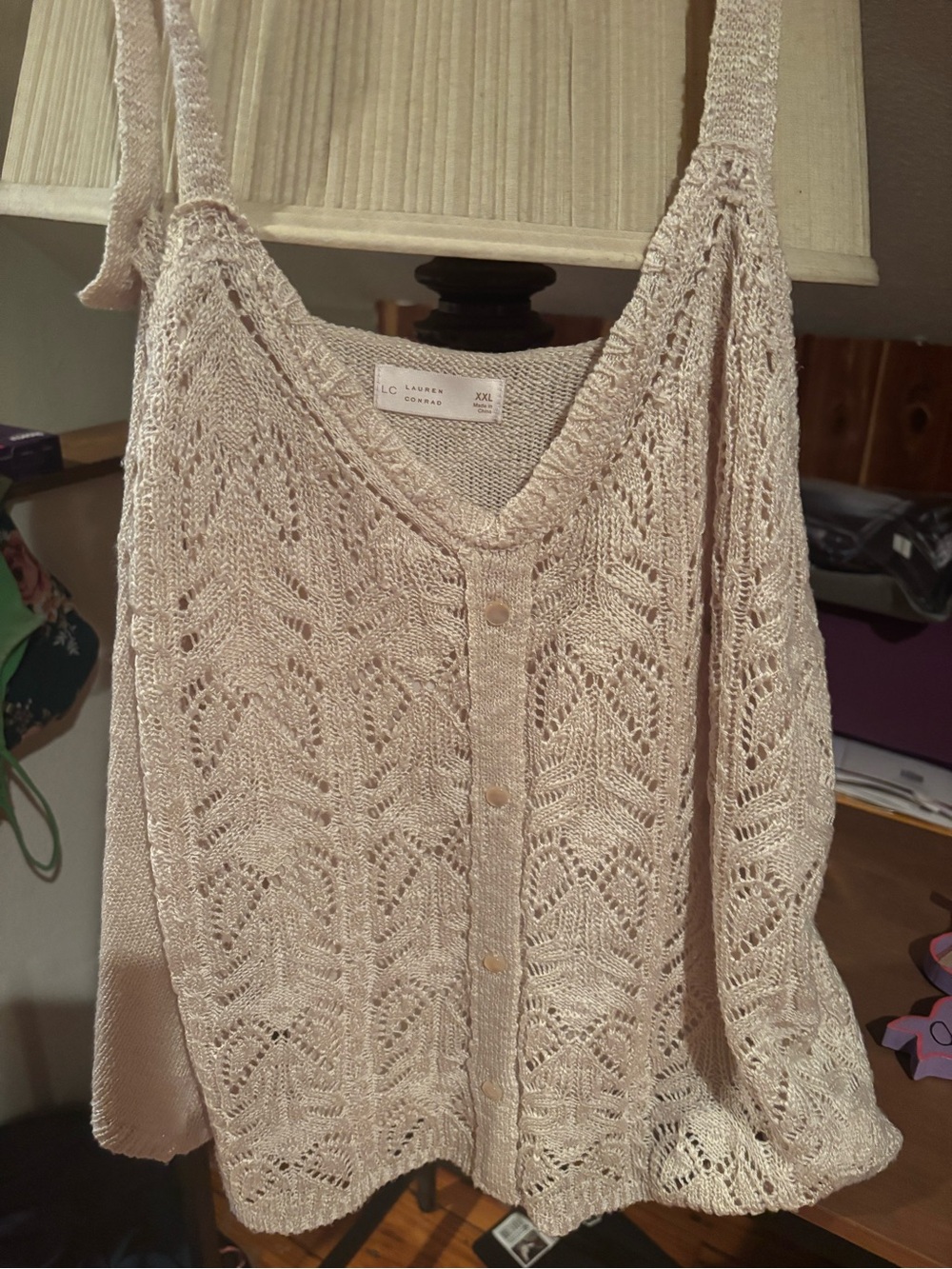 LC Lauren Conrad Cream Openwork V-Neck Button-Front Knit Tank